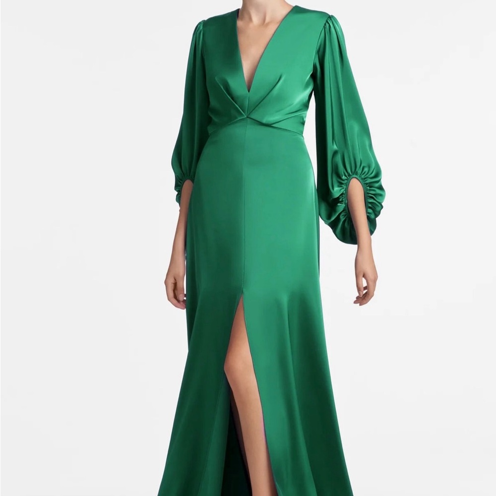 Sachin + Babi Emerald Long Sleeve Gown with Plunge Neckline